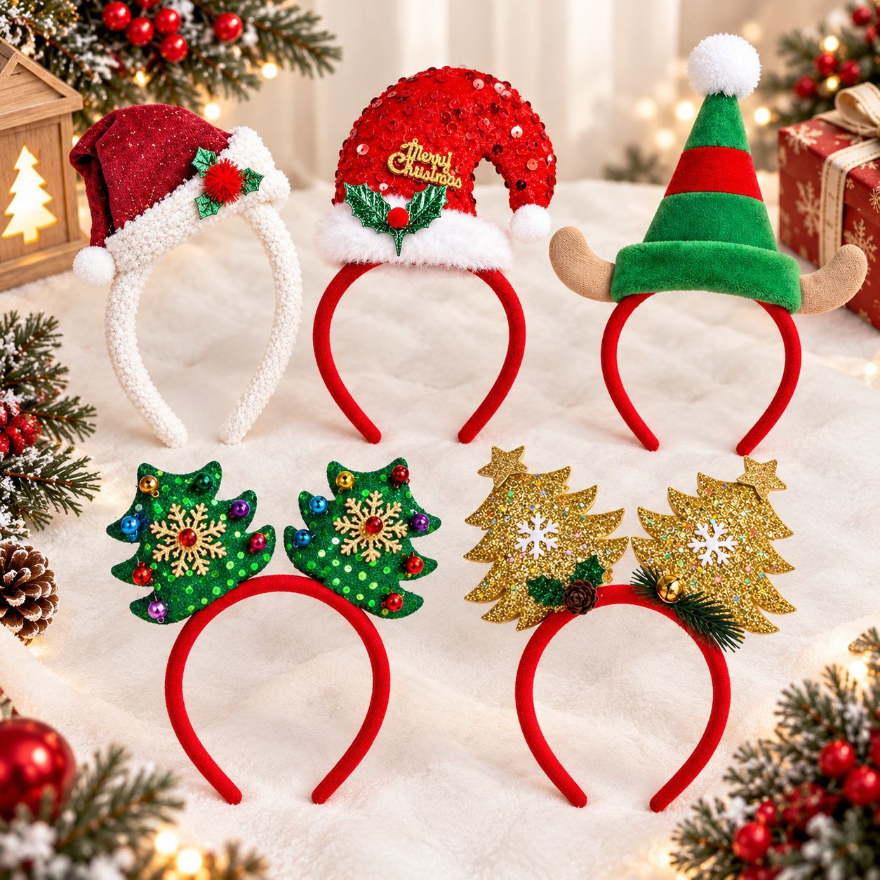 Reindeer Antlers Headband - クリスマスヘッドバンド、サンタ帽、ふわふわ素材のクリスマスツリー、トナカイの角、ヘアバンド、メリークリスマス、パーティー、写真撮影用小道具、子供用・大人用