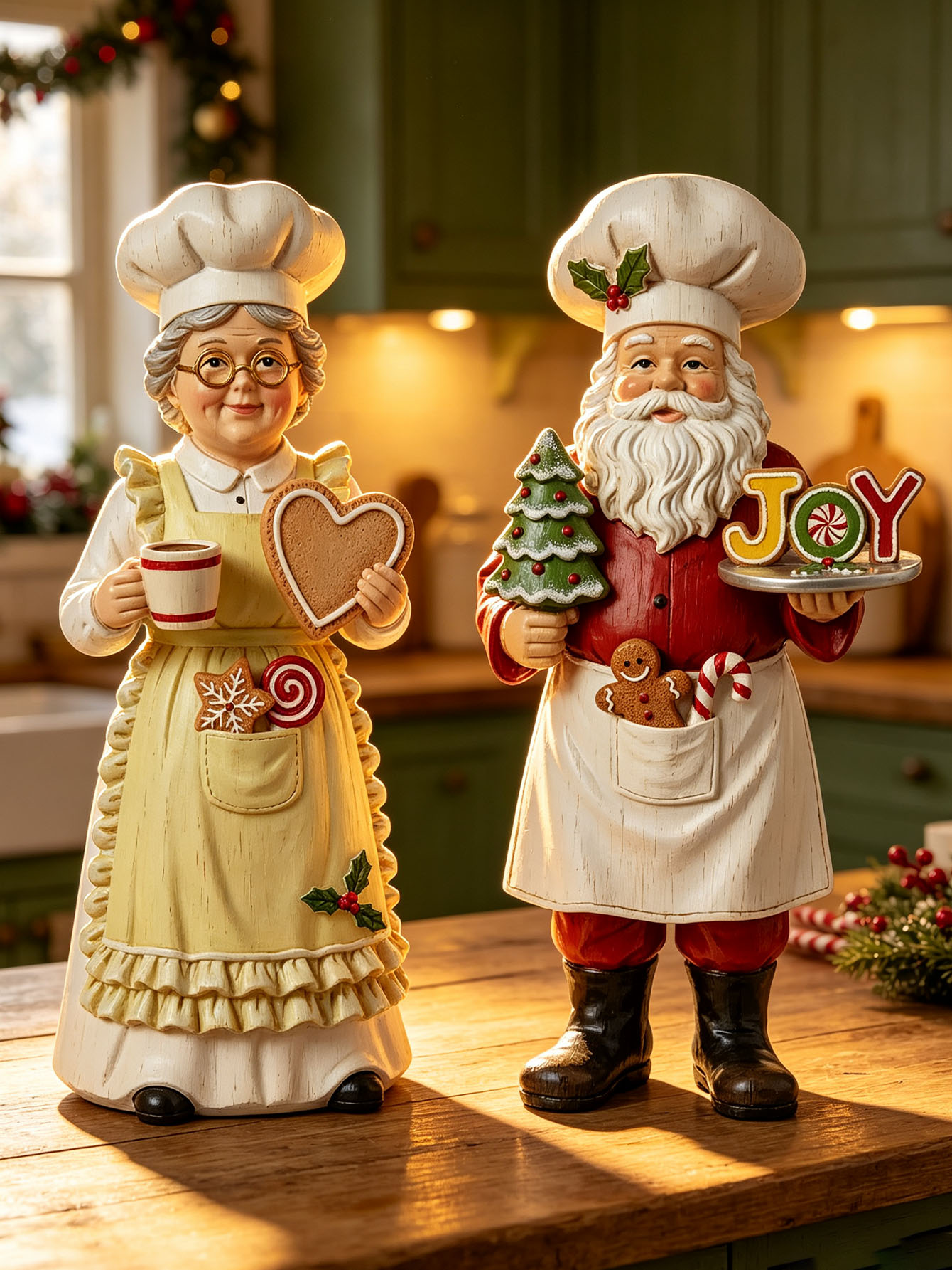 Nutcracker Figurine - クリスマスオーナメント「シェフ・サンタクロースとミセス・サンタクロース」2点セット、木製のシェフ・サンタクロースの置物