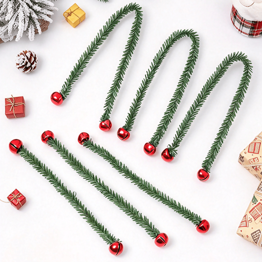 Tinsel Garland Decoration - 8個または16個入り、お祝いの緑色のキラキラ装飾ベル、クリスマス用ガーランド、光沢のある赤い金属製ベル、季節の装飾、暖炉や手すりに飾るのに最適。XJM