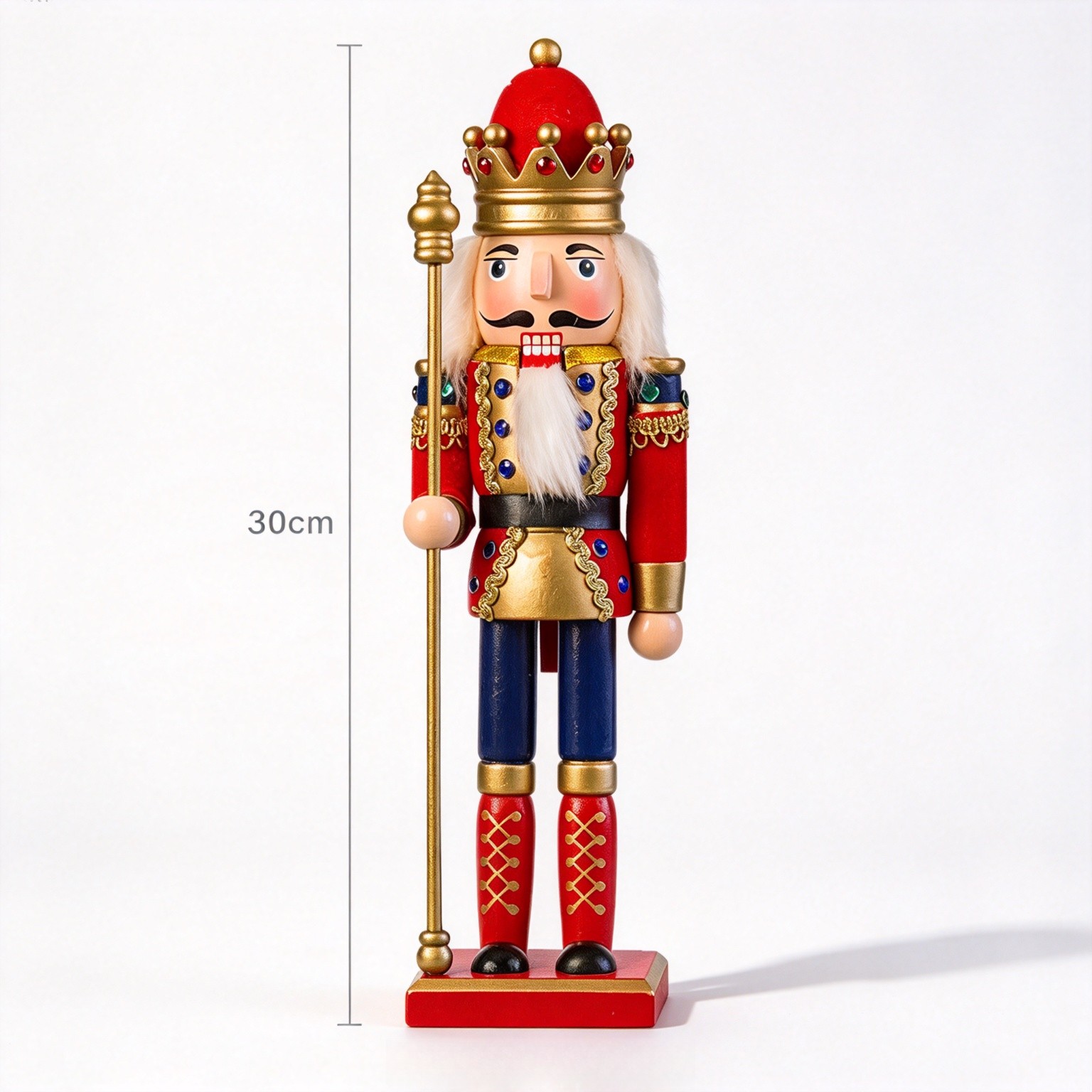 Nutcracker Figurine - 30cmの木製くるみ割り人形。クリスマスオーナメントとして、ヨーロッパ風のデザインで、緑、青、赤の色があり、無垢材を使用。家の装飾や棚の飾りとして最適。