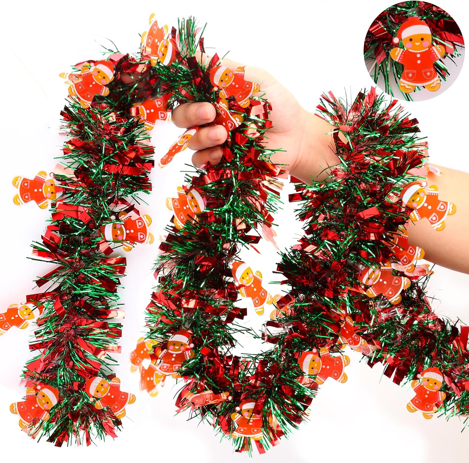 Tinsel Garland Decoration - クリスマスガーランド装飾品。赤と緑のクリスマスツリーガーランド。ジンジャーブレッドマンのオーナメント付き。メタリックなクリスマスツリーガーランド。