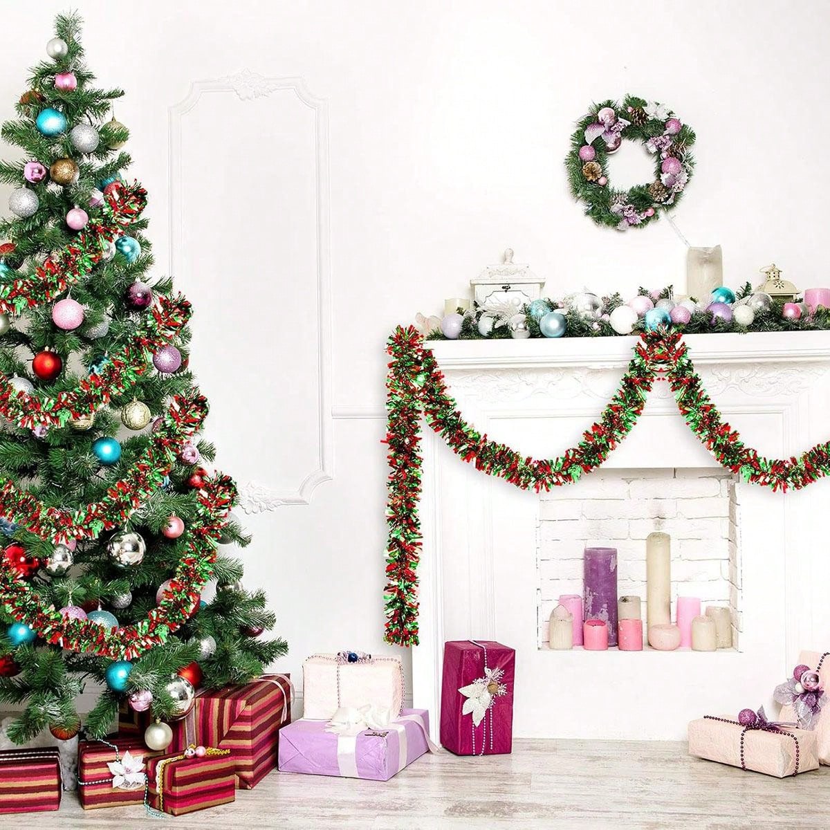 クリスマスガーランド装飾品。赤と緑のクリスマスツリーガーラン - Tinsel Garland Decoration のレビューと価格
