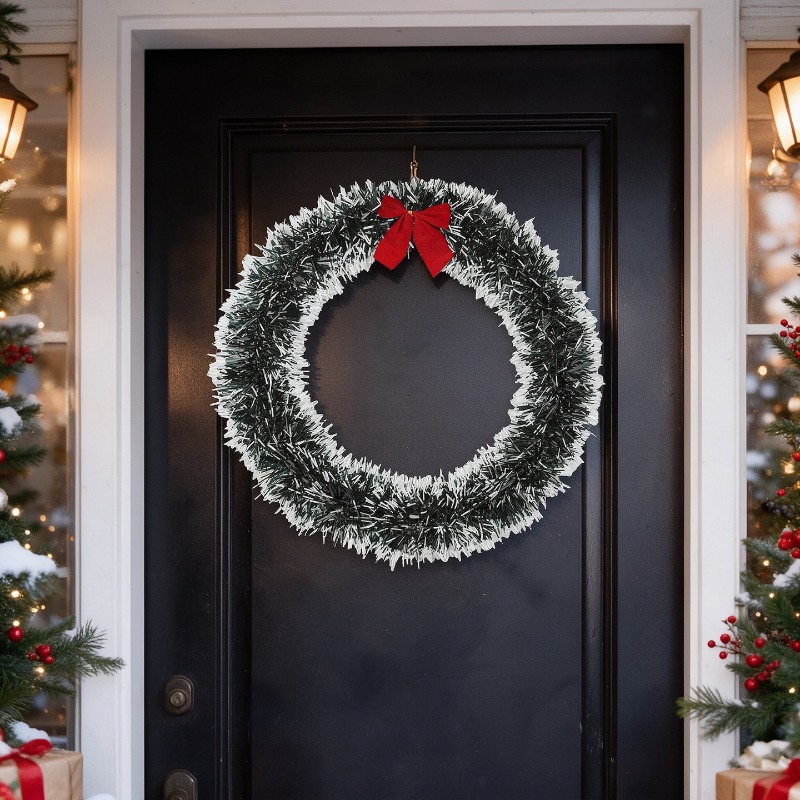 シンプルなキラキラ装飾のクリスマスリース。赤と緑のツートンカ - Tinsel Garland Decoration のレビューと価格