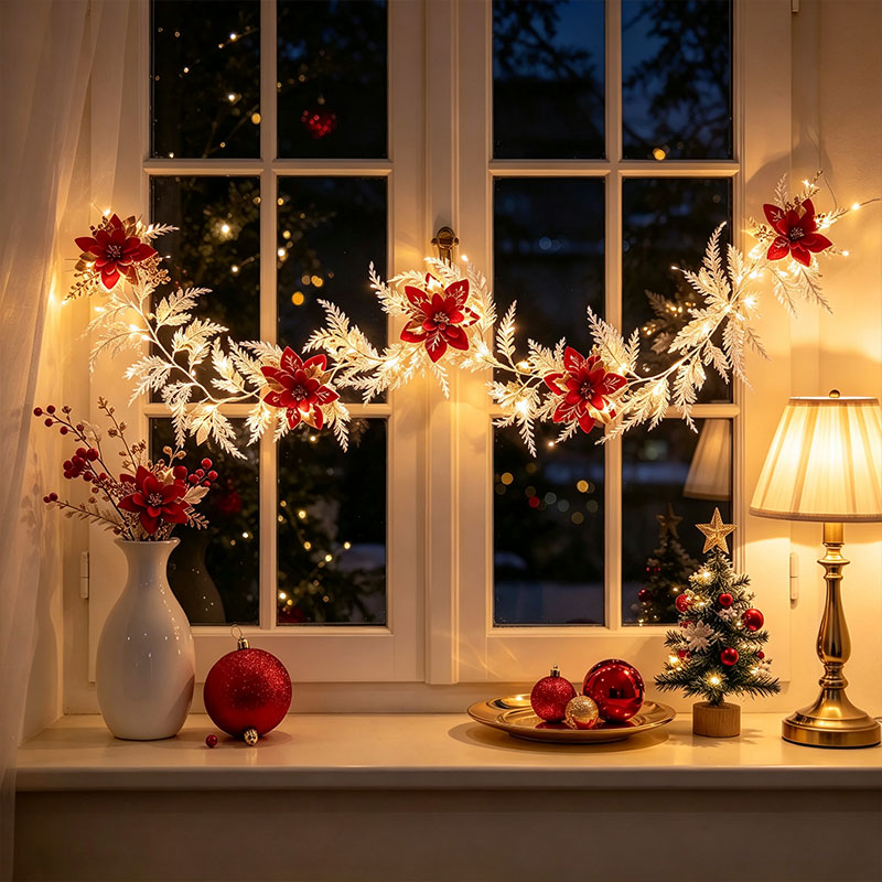 赤と金のポインセチアの花が飾られた白いクリスマスガーランド。 - Led Fairy String Lights のレビューと価格